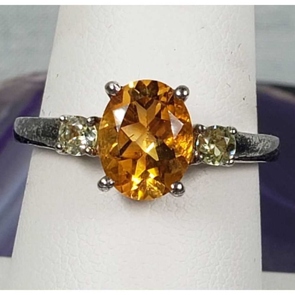 VTG Signed STS 925 Oval Yellow Sapphire and White Topaz on Each Side Ring Size 7